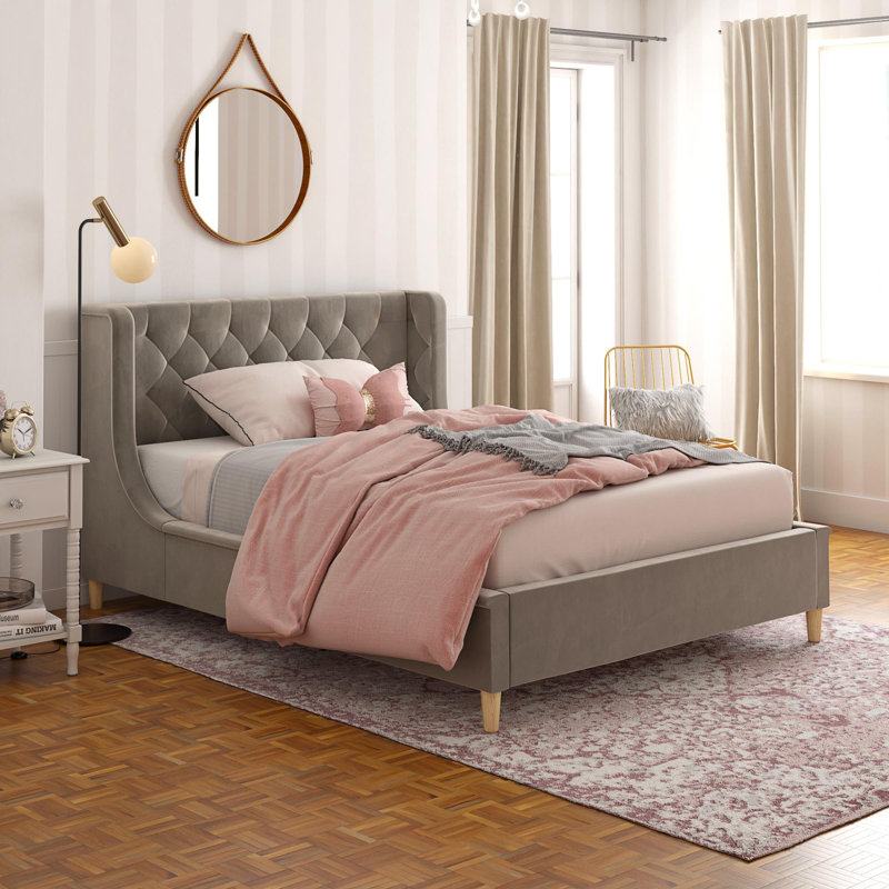 Lit plateforme tapissier en velours, Gris, Full