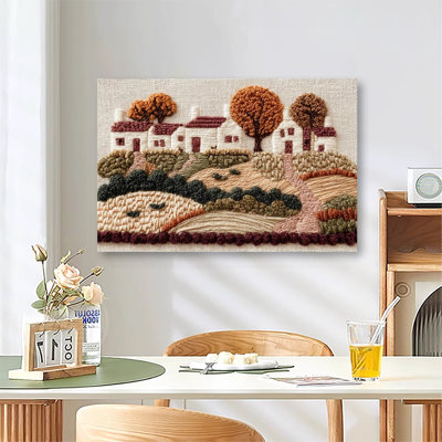 Embroidery Style Autumn Country Village Cottage Pastoral Landscape, Large Gallery Wrapped Canvas Wall Art Print for Living Room & Bedroom