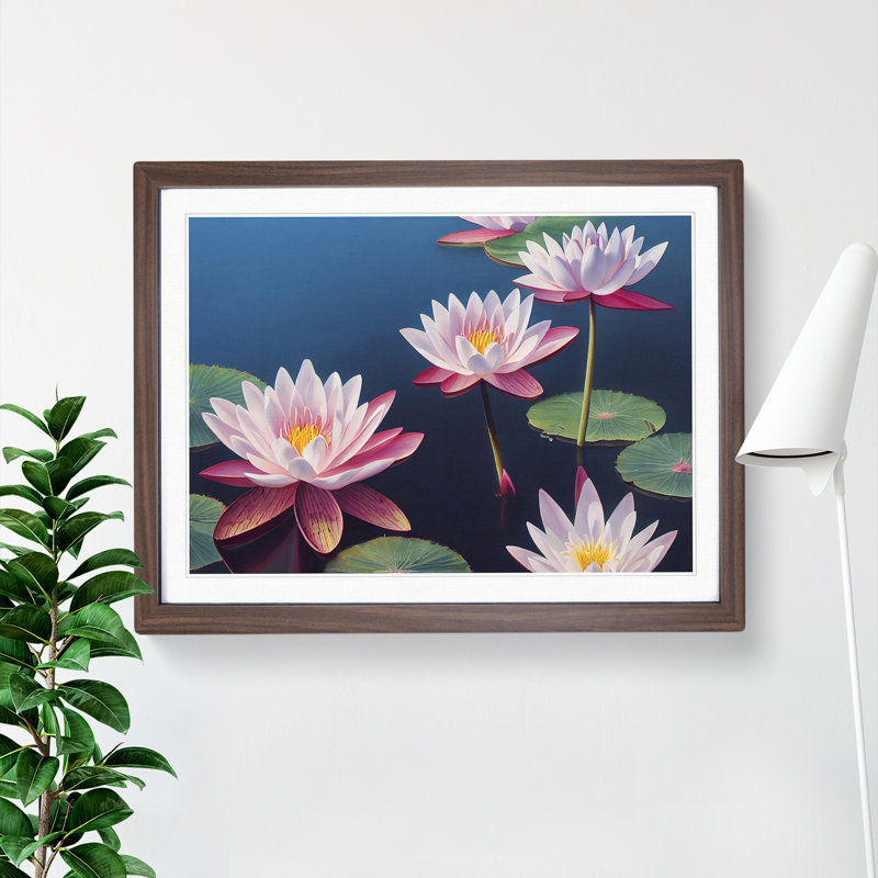 Cosmopolitan Water Lily Flowers - Single Picture Frame Painting, Walnut, 34cm H x 46cm W x 2cm D