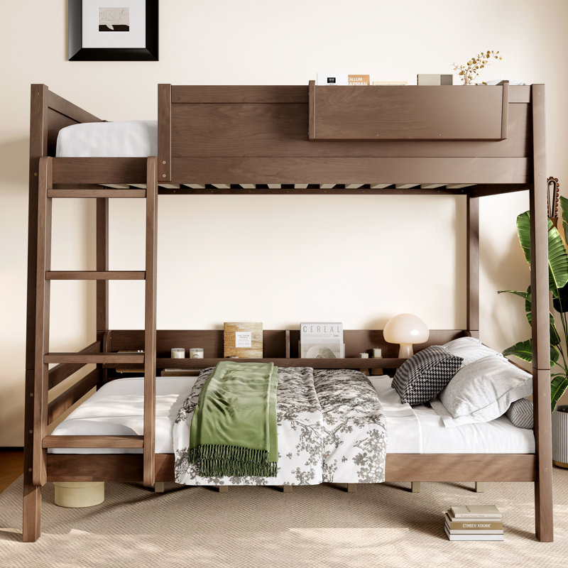 Full Bunk Bed With  Storage Shelf and Bookshelf,Wood Bunk Bed with Ladder and Guardrails,Detachable Design,Vintage Wood, Wood