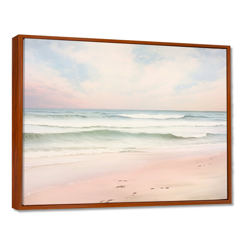 «Ocean Tranquility Tender Pink Pastel Sunrise I - Coastal Beach», art mural, H 16 po x l 32 po, Brun