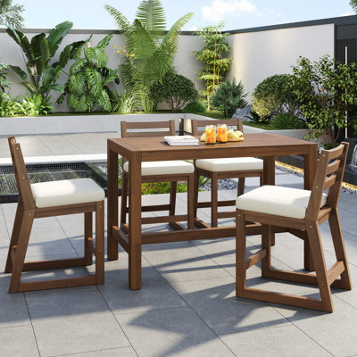 Ensemble de bar de patio rustique 5 pièces, ensemble de table de patio et chaises avec chaises ergonomiques, plateau de table à lattes en bois massif pour bord de piscine, balcon, cour arrière, porche