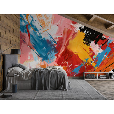 Peinture abstraite murale - Papier peint coup de pinceau de couleur audacieuse, décoration murale artistique moderne pour la maison, le bureau ou le studio