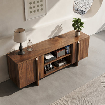 Meuble télé de 140 cm (55,28 pouces) de style ferme avec rangement et système de gestion des câbles, compatible avec les téléviseurs jusqu'à 122 cm (48 pouces), fini noyer