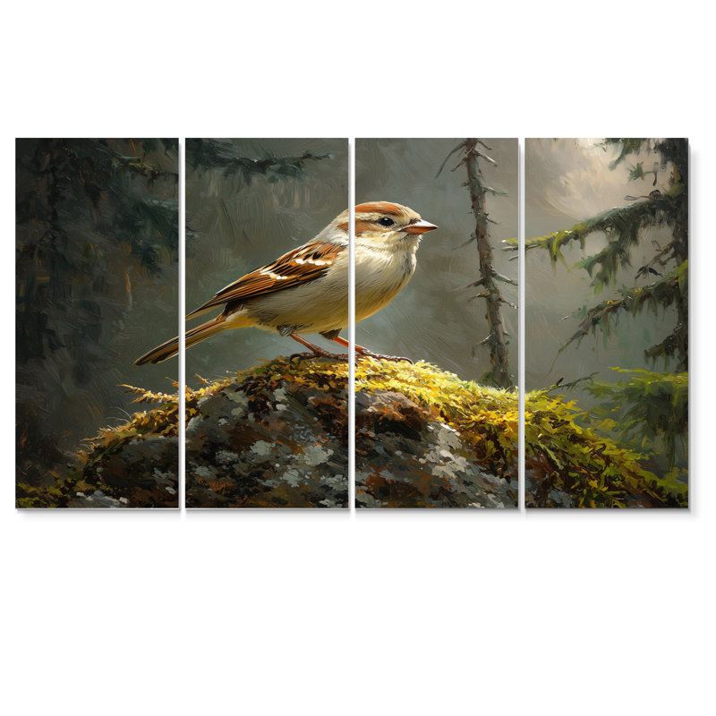 Oiseau moineau sur un rocher de forêt I - Art mural oiseau - ensemble d'art mural moderne, H 32 po x l 64 po