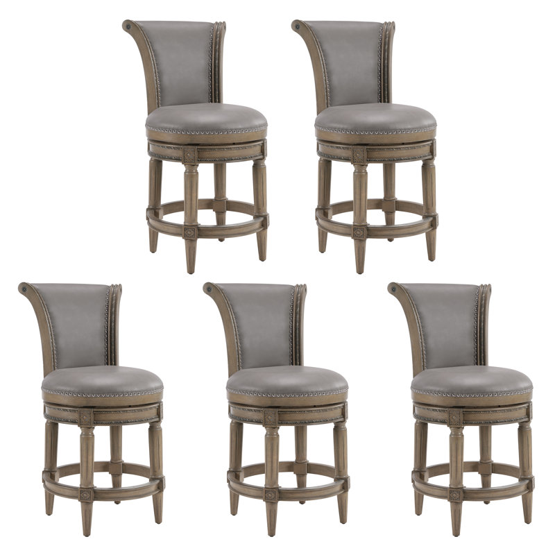 Tabourets de bar rembourrés Elveria avec structure en bois et garniture cloutée, Antique Oak, Gris clair, 5