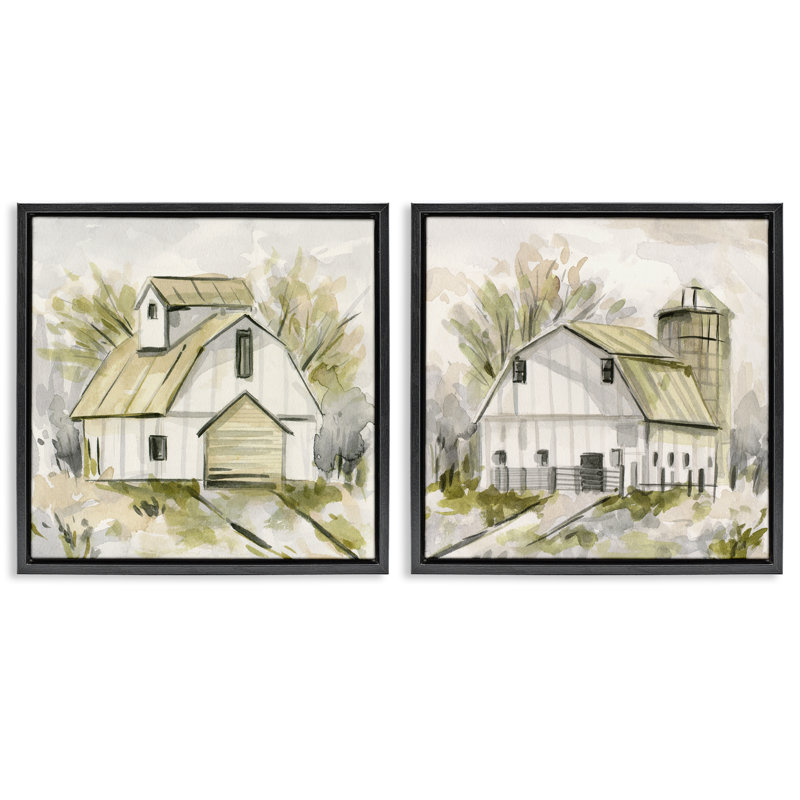 Sketch Drawing Barn Silo 2 PC Framed Floater Canvas Set by Melissa Wang, Jet Black Floater Frame, 18" H x 18" W