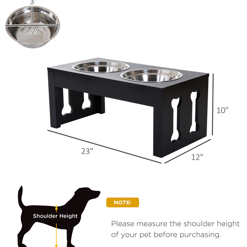 23" Elevated Dog Bowl Holder - Black. Enhances Digestion Efficiency. 2 Stainless Steel Bowls. . Appealing Design. Non-slip Base. Water Black Pet Feeding Station. Functionality. Constructed.