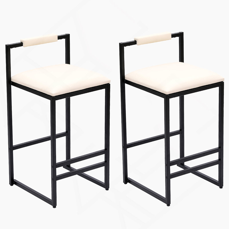 Set Of 2 Barstools Faux Leather Upholstered Bar Stools Modern Metal Frame, Beige