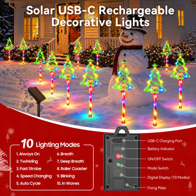 Décorations de Noël lumières de piquet de canne à sucre solaire d'extérieur, 144 lumières de sentier d'arbre à DEL avec 10 modes, décorations de jardin de Noël rechargeables par USB