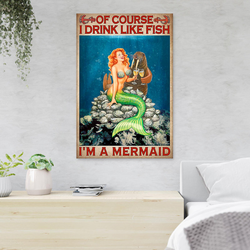 Sirène buvant du vin - Of course I Drink Like Fish I'm A Mermaid - 1 pièce, impression d'art graphique rectangulaire sur toile tendue