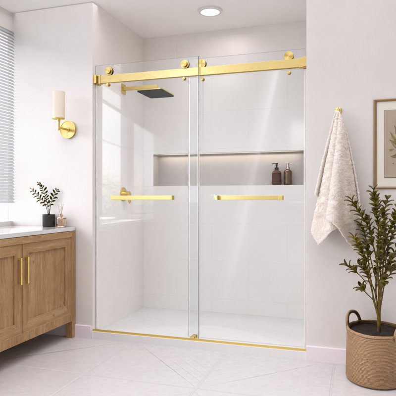 Porte de douche coulissante double sans cadre Catalyst en or brossé avec verre transparent 3/8 po de l 68 po x H 79 po, Doré