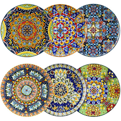 6 Pieces Plate Set, Multicolour Set, Polychrome, Porcelain Dinnerware,Poreclain Dinner Plate For 6 Person, Ceramic Stamping In Bohemian Style