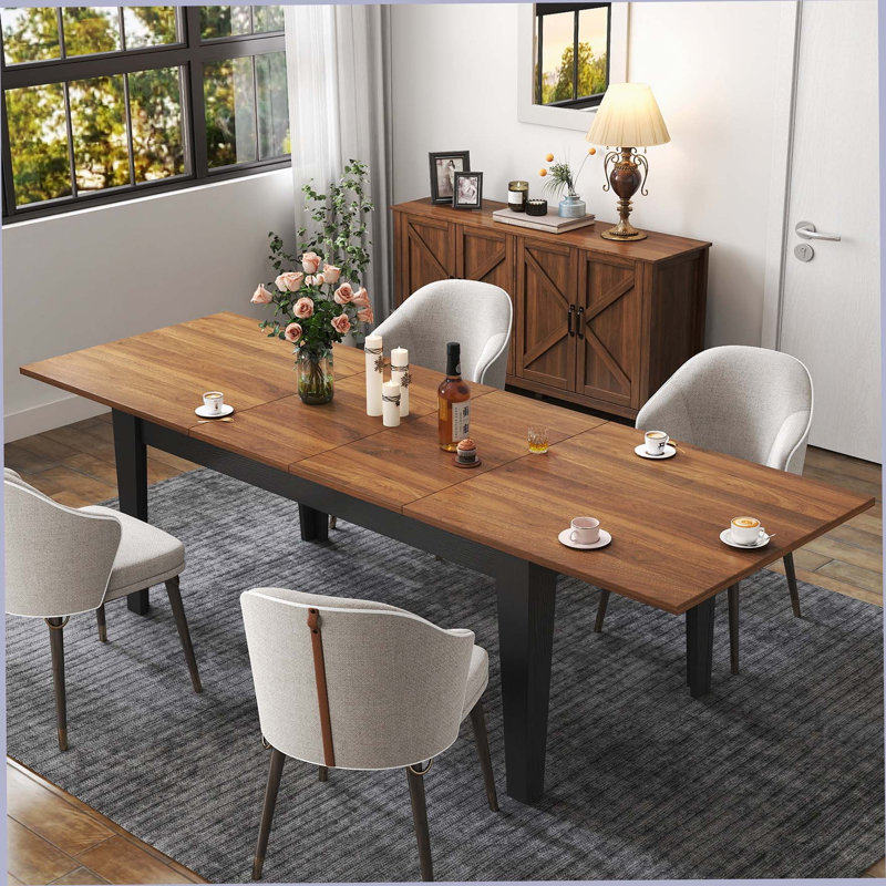 Table de salle à manger, grande table de cuisine extensible de 106,3 po, Walnut/Black