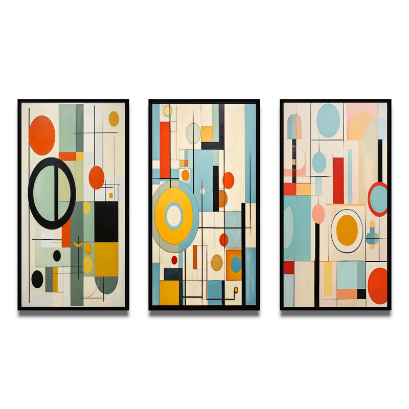 «Colorful Mid Century Mod Geometrics», 3 pièces sur toile, Cadre flottant noir, H 32 po x l 48 po