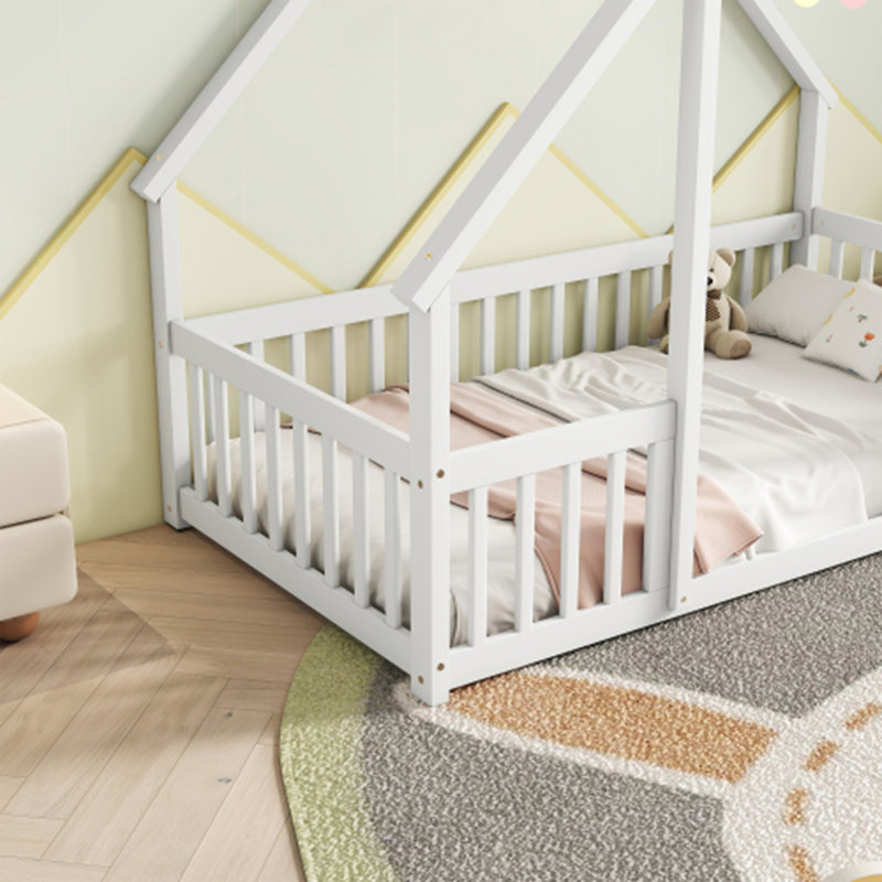 Lit en bois en forme de maison en bois avec clôture, Lit simple, Blanc