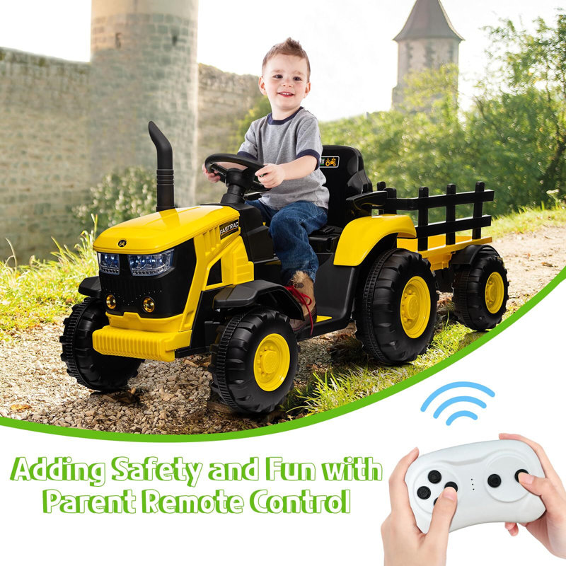 12V Yellow Ride-On Tractor with Detachable Trailer