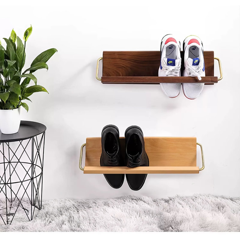 Solid Wood Entryway Wall Mounted Shoe Storage Racks, Natural Wood