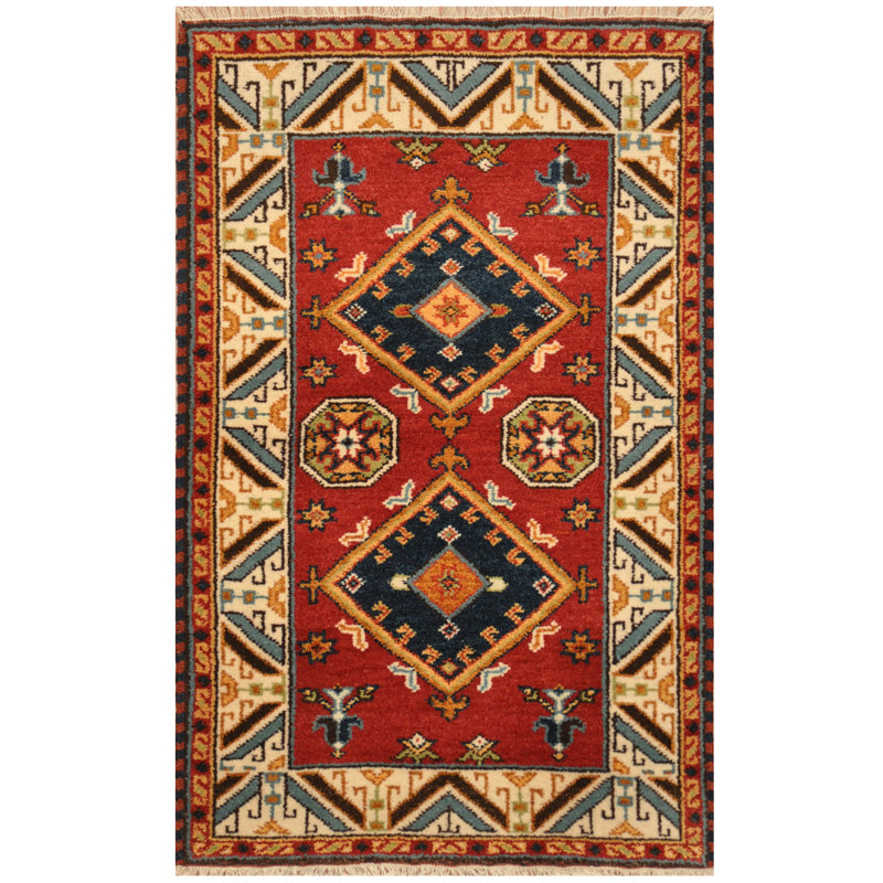 Tapis de zone en laine rouge/ivoire 3 pi x 5 pi one-of-kind à la main noué la kazak Alabama
