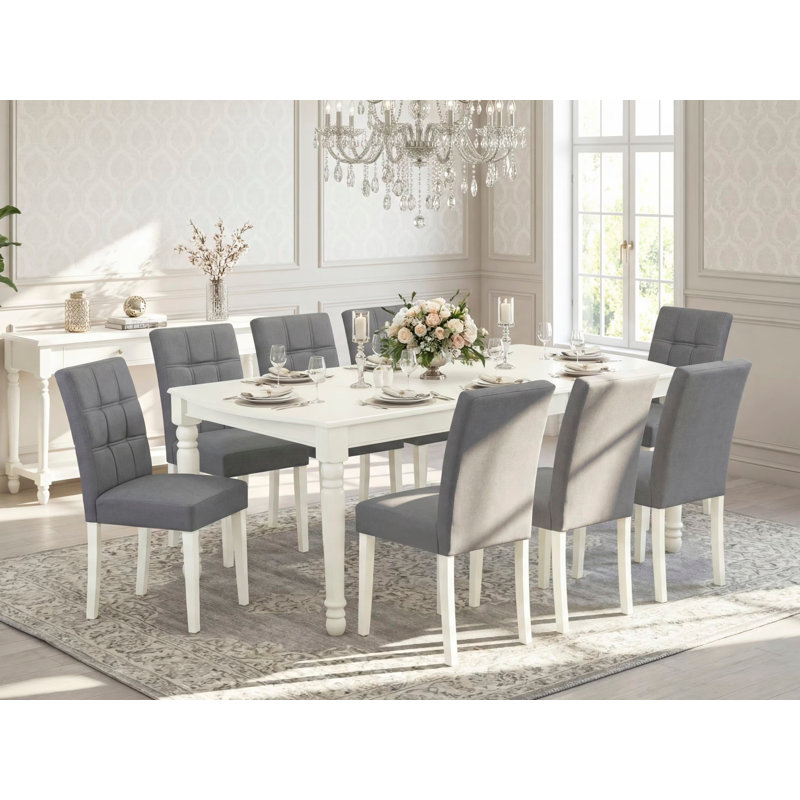 L'ensemble de table de salle à manger 9 pièces comprend une table de cuisine et 8 chaises individuelles en tissu de polyester gris platine avec dossier élégant - finition lin blanc