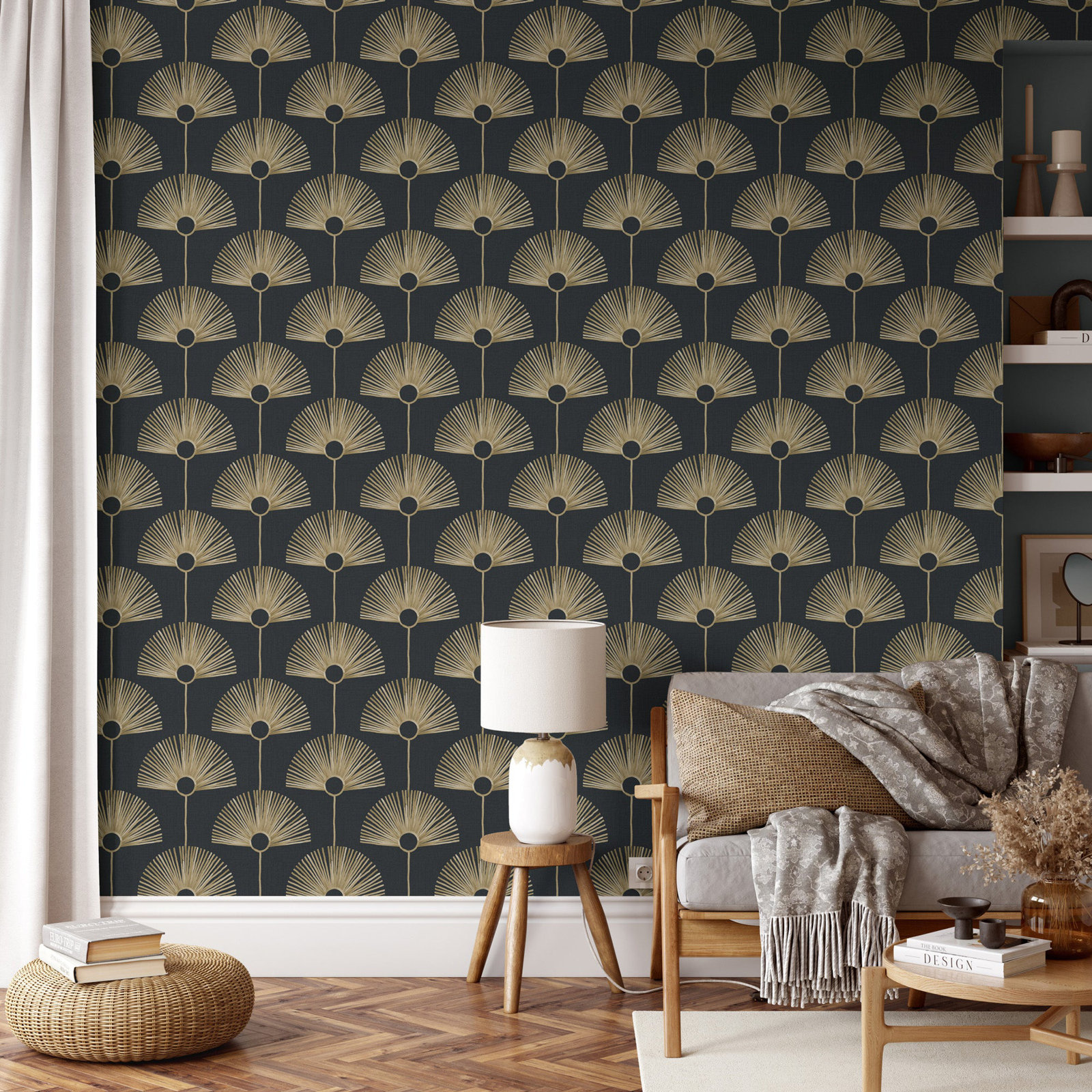 Deco Fan Self-Adhesive Wallpaper, Black Gold, PVC, Self-adhesive