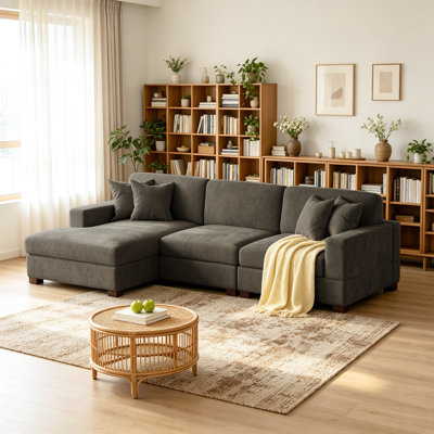 3 - Piece Upholstered Camel Chenille Modular Sectional Sofa with Armrests & Throw Pillows