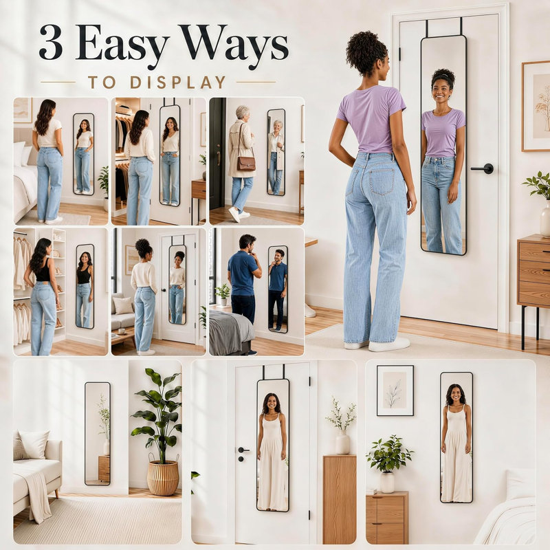 Miroir pleine grandeur 47 po x 14 po au-dessus de la porte, suspendu au mur / suspendu en noir, Black