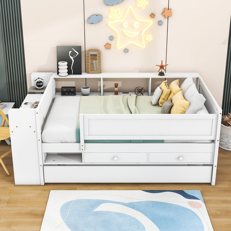 Joset Twin Size Daybed with Twin Trundle,Desk, USB Charging, White