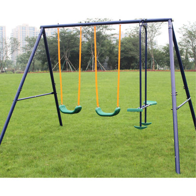 Balançoire d'extérieur avec glissière pour jeunes, structure en acier robuste, guide d'assemblage simple, sièges confortables en forme de U, balançoire antirouille, balançoire de style banc 4, bleu, métal d'une largeur de 83,75 po,