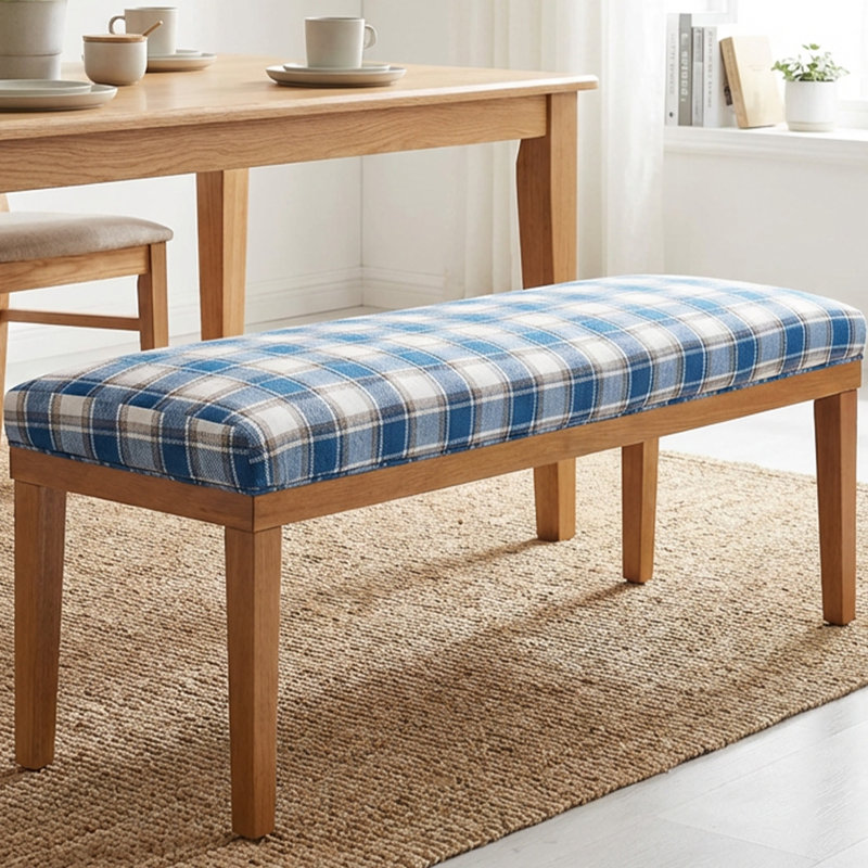 Banc de salle à manger rembourré avec pieds en bois massif pour table de salle à manger, siège en lin vichy bleu l 52,8 po
