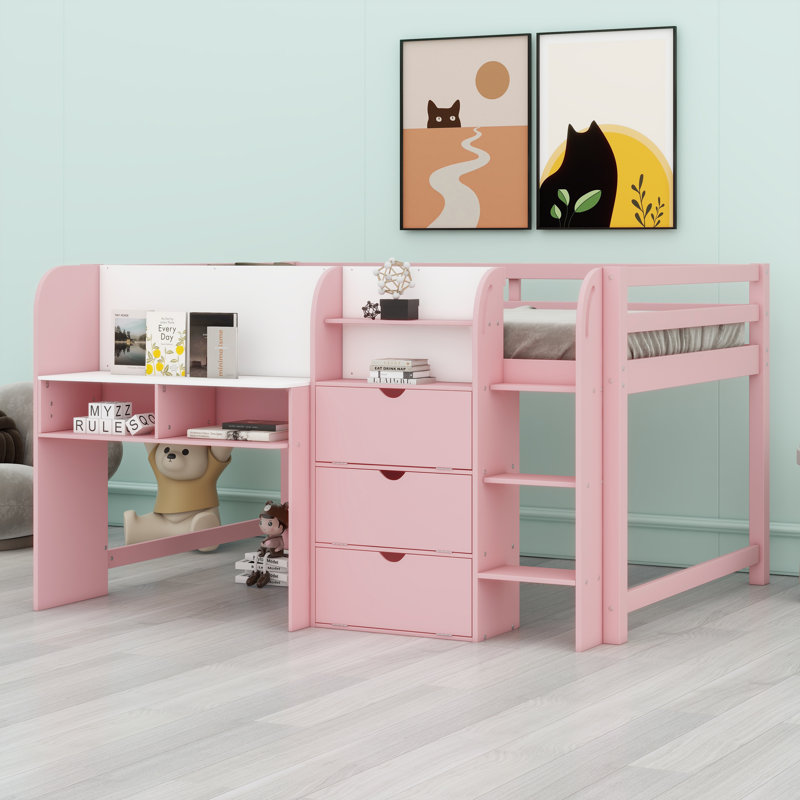 Low Loft Bed With Built-In Desk, Pink