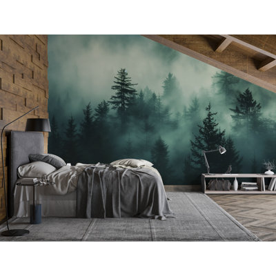 Misty Forest Wall Mural – Woodland Wallpaper, Foggy Pine Tree Nature Accent Wall Decor For Bedroom Or Living Room