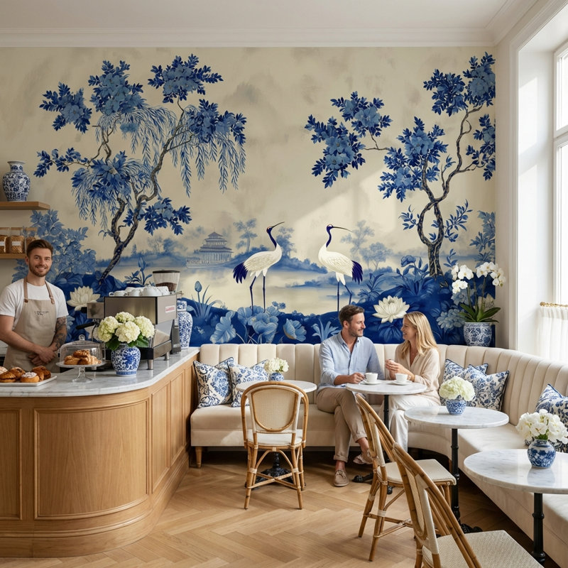 Papier peint chinois avec grues bleues et blanches, 200"x120", Non-Woven Nonpasted