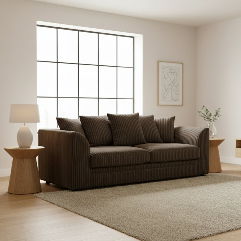 3 Seater Jumbo Cord Sofa – Small Back Sectional With Fixed Cushions & Deep Seating For Living Room Comfort, Brown