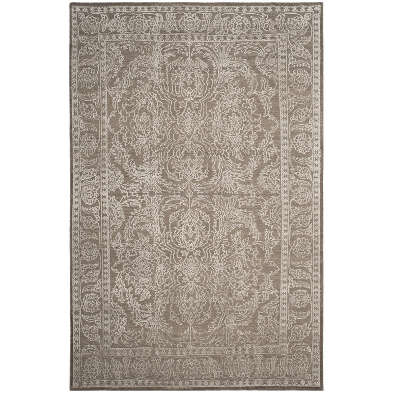 Tapis oriental en laine / soie gris pierre / perle noué à la main Fleming, Rectangle 6 pi x 9 pi
