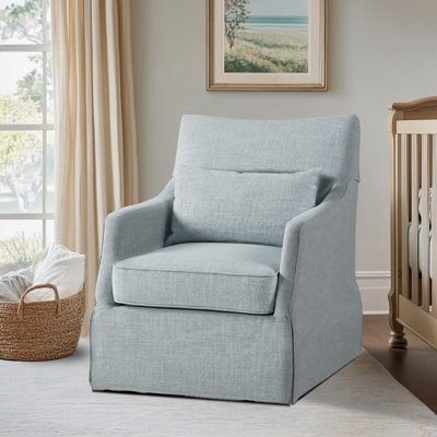 Bedford London 28" W Upholstered Skirted Swivel Armchair with Lumbar Pillow, Light Blue
