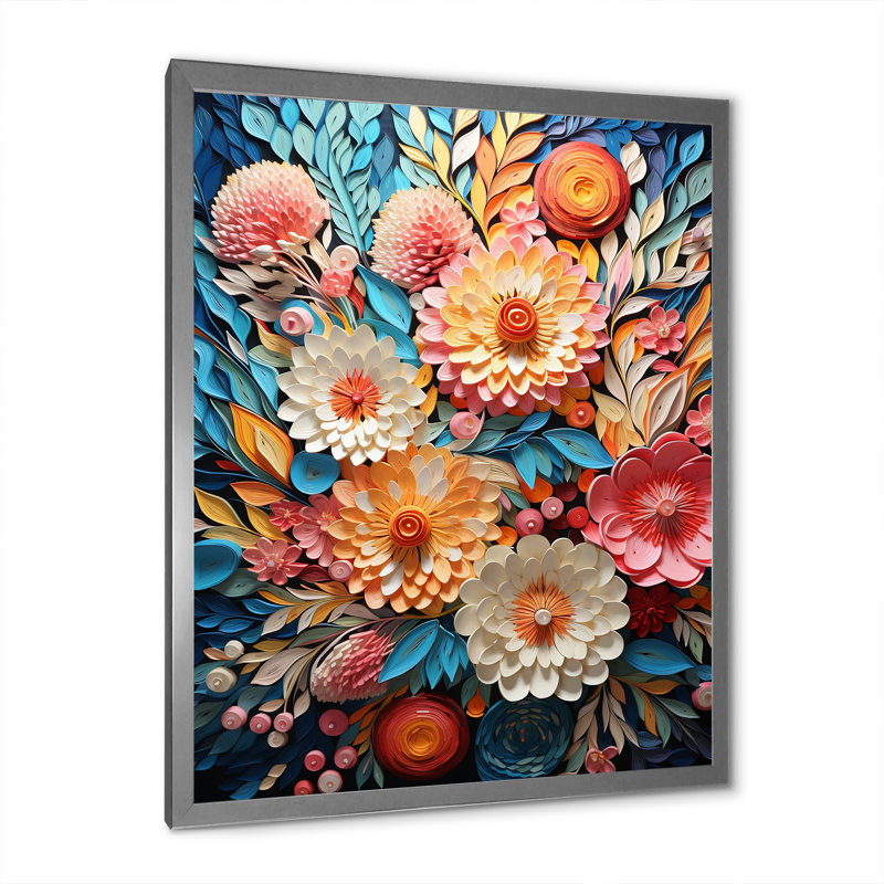 Rose et bleu abstrait botanique sur toile, H 40 po x l 30 po x P 1,5 po, Cadre simple argenté