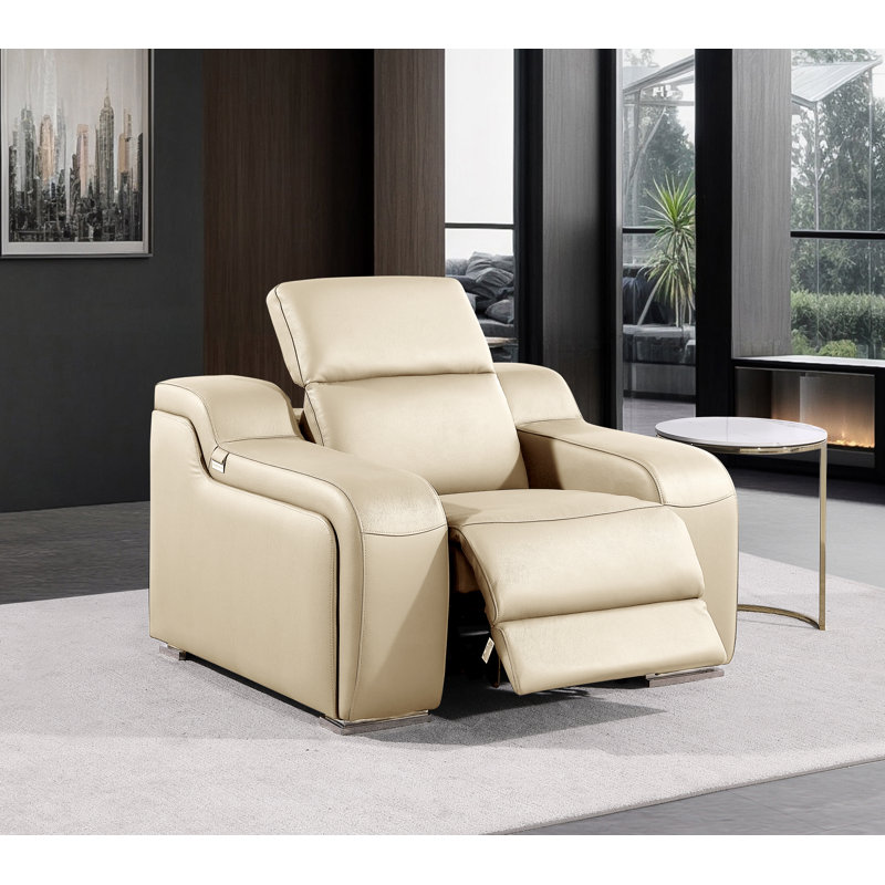 Divanitalia Top Grain Italian Leather Power Reclining Chair With Power Headrests, Beige