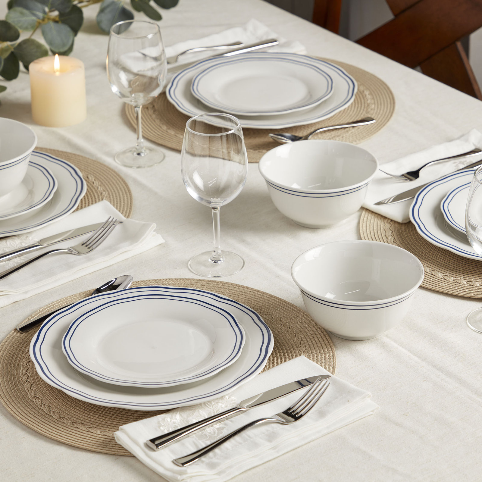 Tabletops Gallery Vintage 12 Piece Embossed Porcelain Dinnerware Set in White with Blue Stripes