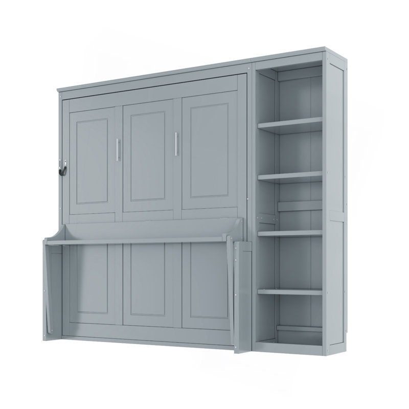 Lit escamotable avec bureau et bibliothèque Murphy, Gris, Lit double