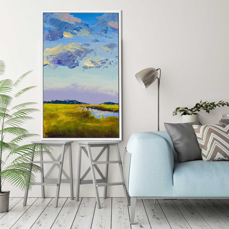 «River Streams», reproduction de peinture à l'huile sur toile encadrée, H 33,5 po x l 21,5 po x P 2 po, Cadre flottant blanc