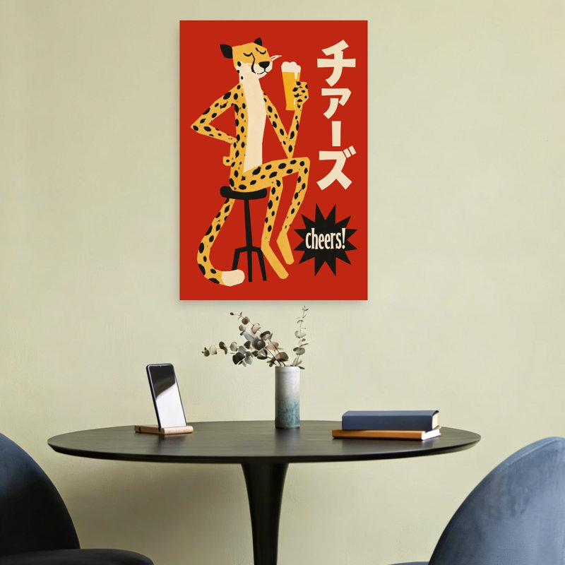 Chilling Cheetah Cheers Retro Wall Art Print 1 Piece Wrapped Canvas Wall Art, 60.96cm H x 40.64cm W