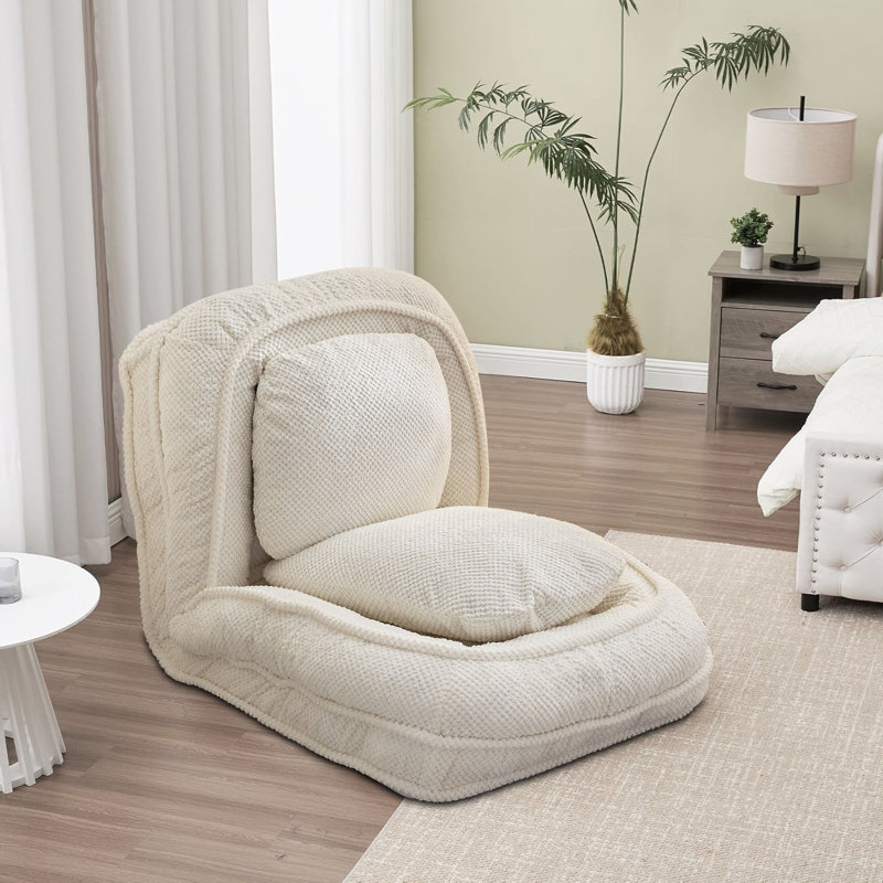 Modern Stylish Polyester Fabric Upholstered Convertible Futon Chair Bed, White Polyester