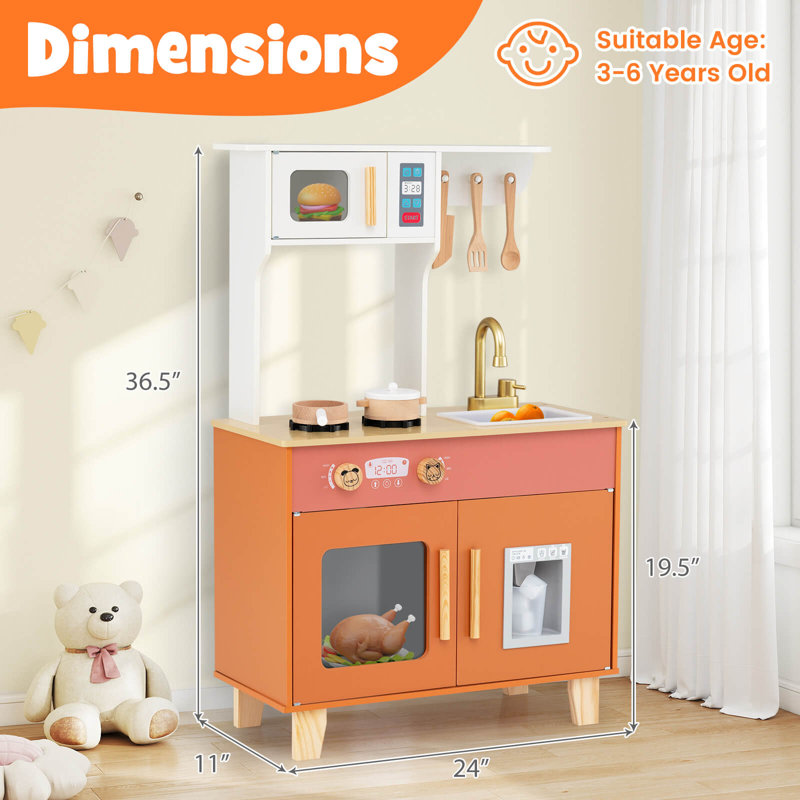 Kids Play Kitchen with Microwave Stoves Rotation Knobs Ice Dispenser Faucet Sink Brown, Natural/Orange/Pink