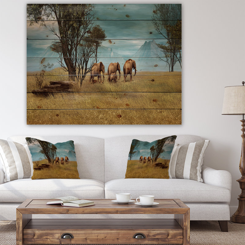 «African Elephants Panorama», photographie, H 36 po x l 46 po x P 1,5 po, Bois
