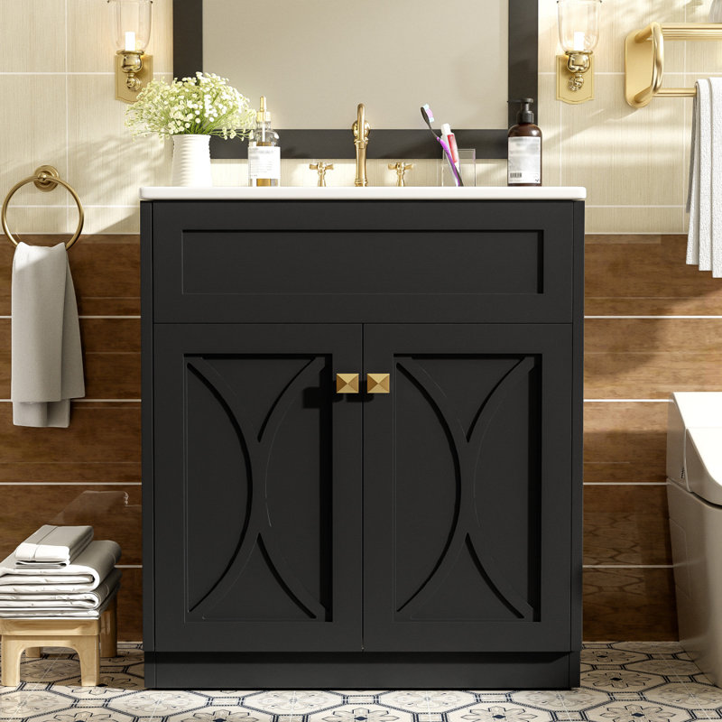 Bathroom Vanity With Ceramic Sink Combo/ Modern Freestanding Storage Cabinet  With  Handles/ Doors, Black