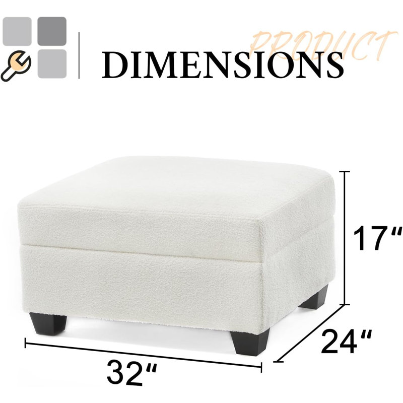 Berlinde Upholstered Ottoman, White Boucle