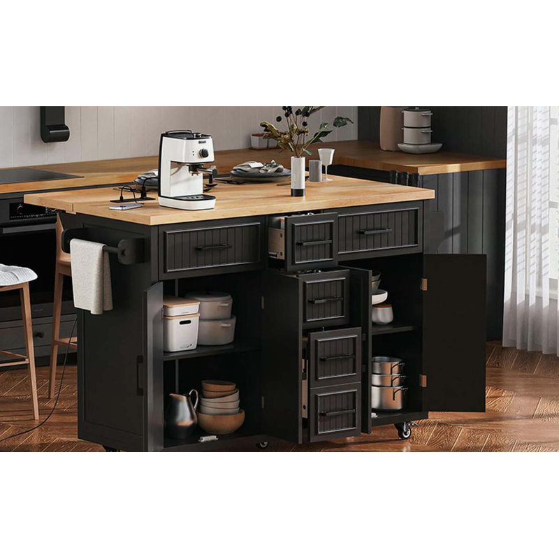 Îlot de cuisine 56,5 po avec rallonge, prise de courant, chariot de cuisine sur roulettes à rayures verticales en relief avec 4 portes, 5 tiroirs profonds et tablettes réglables, pour la cuisine, la salle à manger