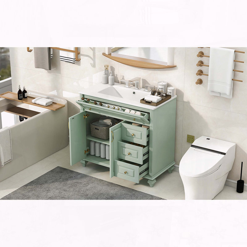 Meuble-lavabo en bois massif 36 po avec tiroir rabattable et poignées dorées 36 po