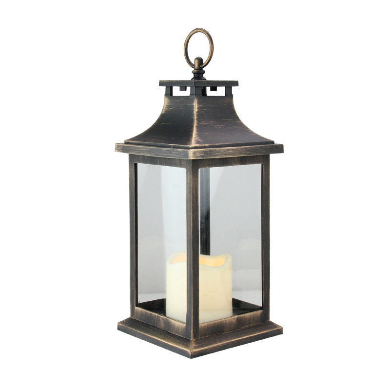 Lanterne 12,5 "noire avec bougie brossée dorée et bougie DEL sans flamme